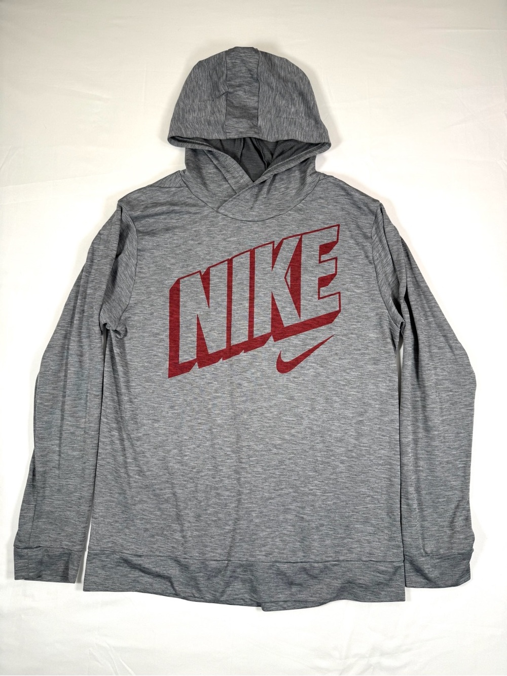 NIKE Youth Dri Fit Hoodie Boys XL Gray Red Logo Athletic Pullover